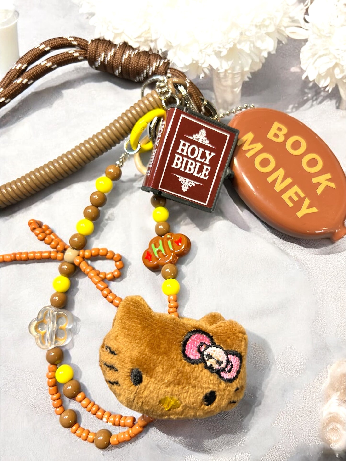Handmade Cord Phone Chain-Acrylic, Metal & Glass Beads with Large Charm
