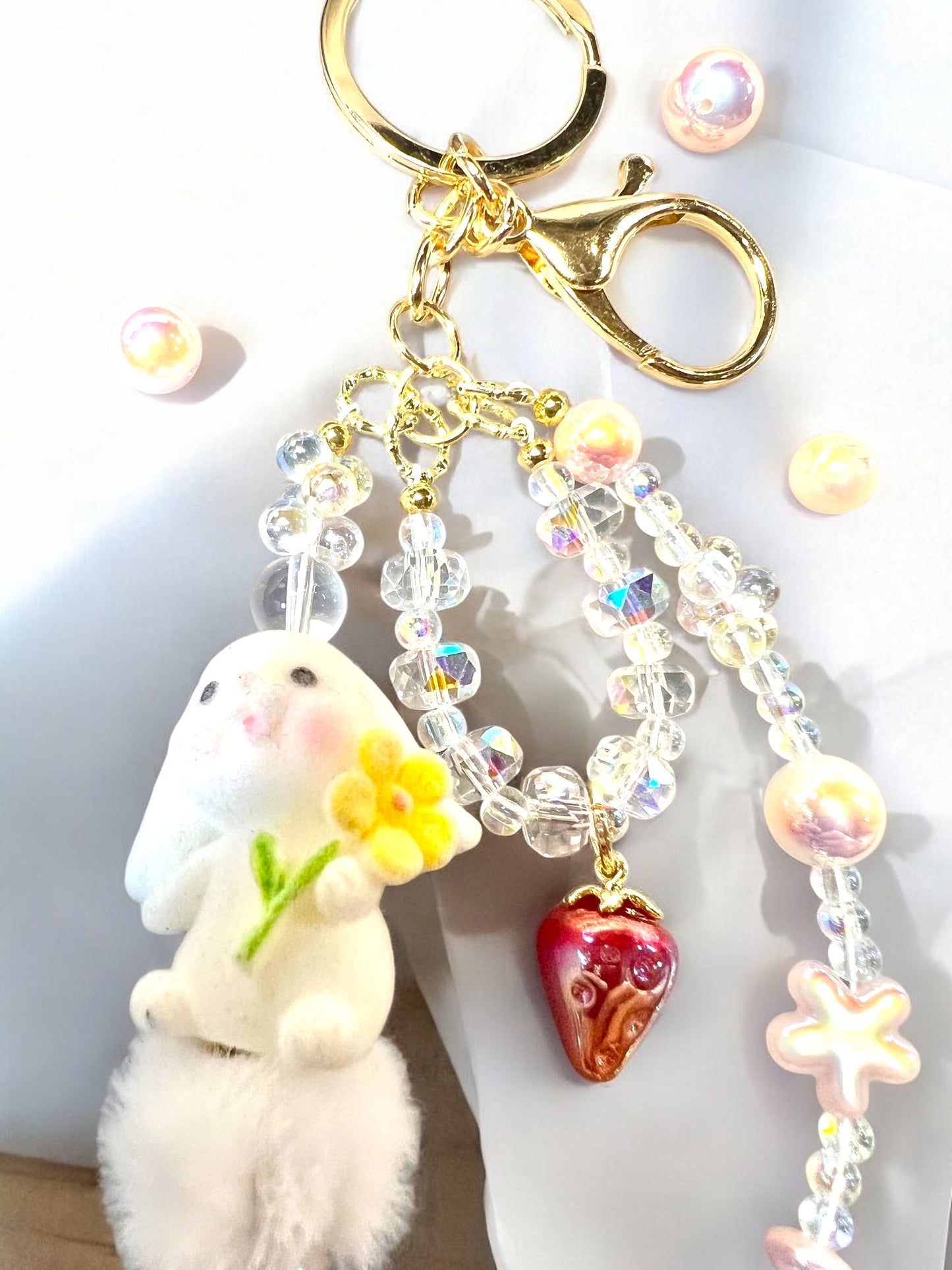 Handmade Mini Phone Chain-Acrylic, Resin & Glass Beads with Bunny Charm