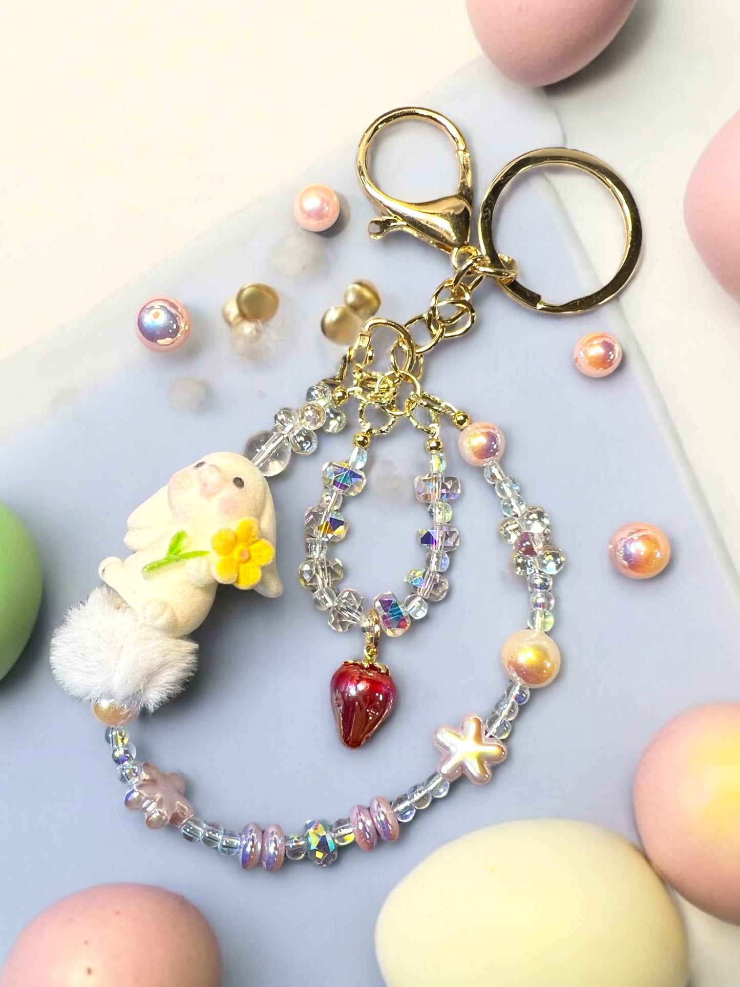 Handmade Mini Phone Chain-Acrylic, Resin & Glass Beads with Bunny Charm