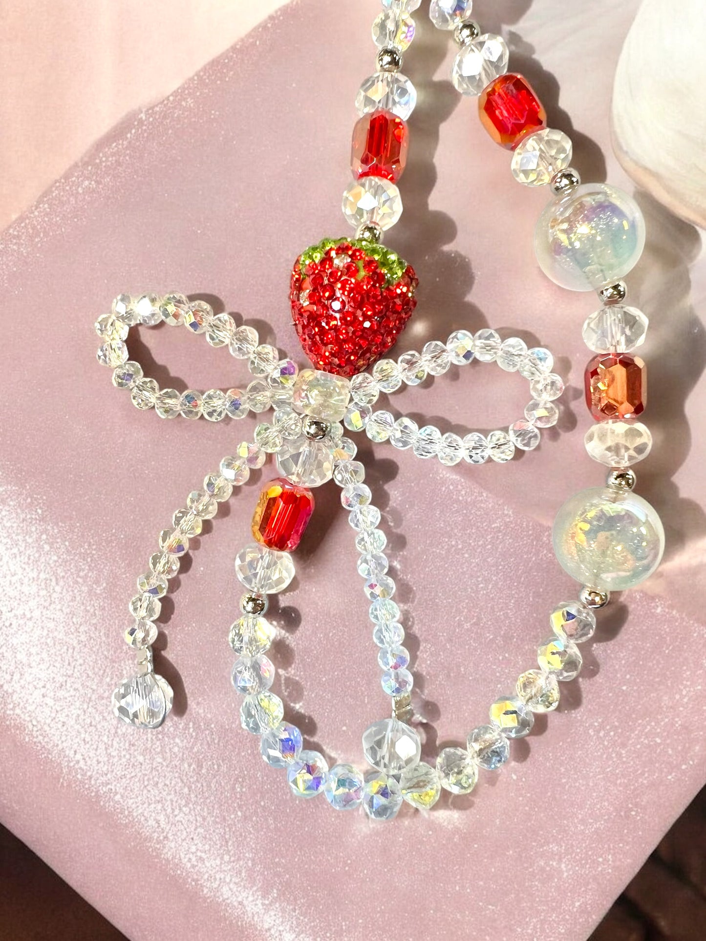 Handmade Strawberry Phone Chain-Acrylic, Metal & Glass Beads with Resin