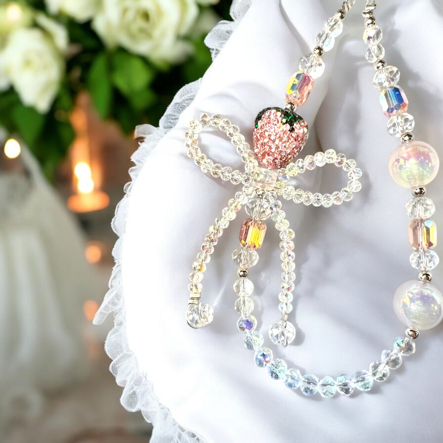 Handmade Strawberry Phone Chain-Acrylic, Metal & Glass Beads with Resin