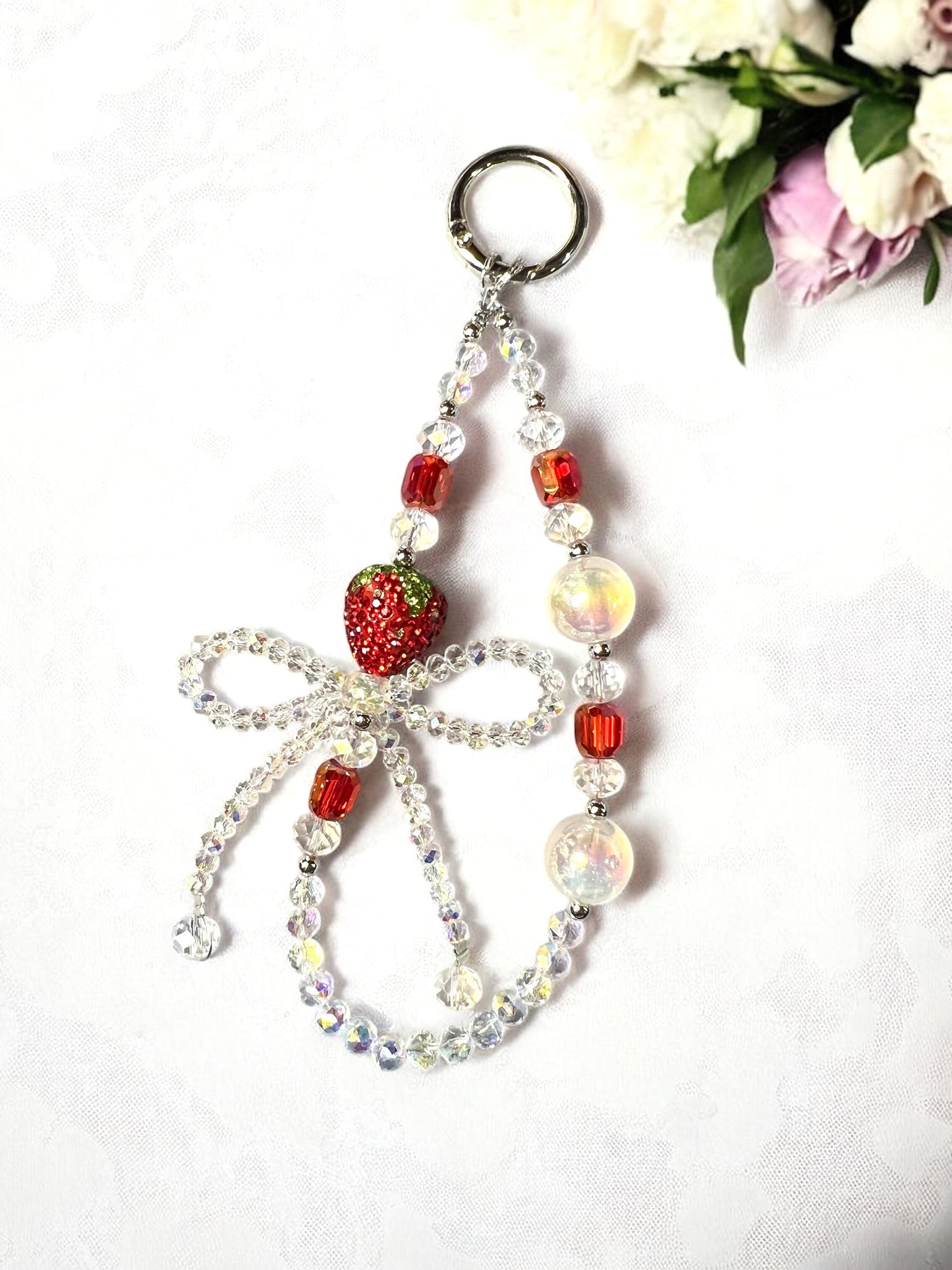 Handmade Strawberry Phone Chain-Acrylic, Metal & Glass Beads with Resin