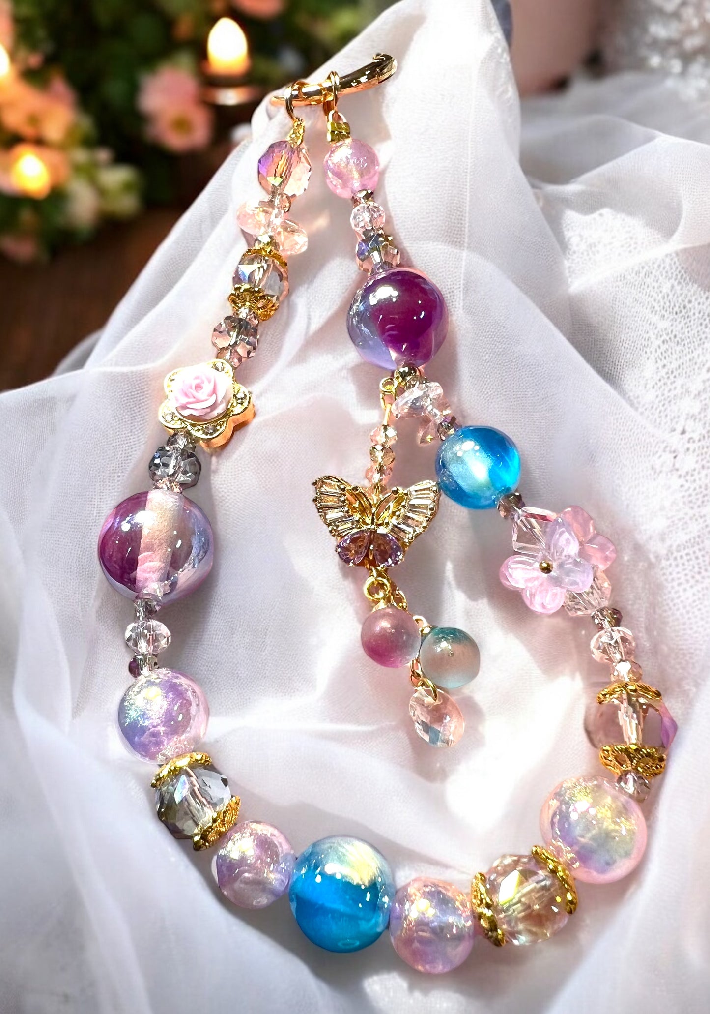 Handmade Phone Chain-Acrylic, Metal & Glass Beads with Resin