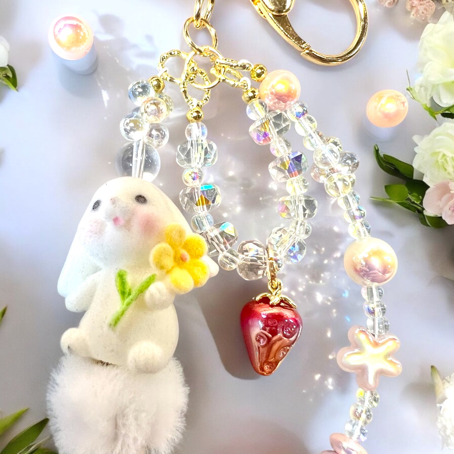 Handmade Mini Phone Chain-Acrylic, Resin & Glass Beads with Bunny Charm