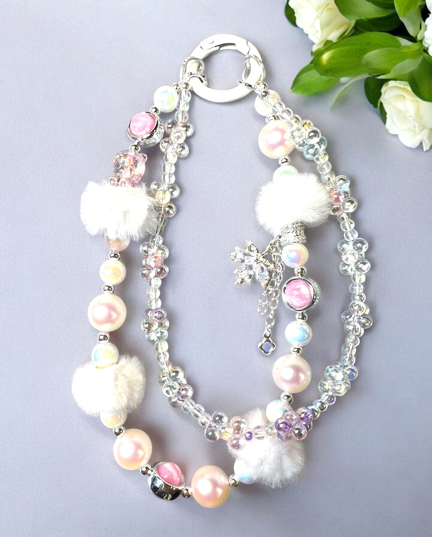 Handmade Phone Chain-Double Strand Acrylic, Metal & Glass Beads with Resin