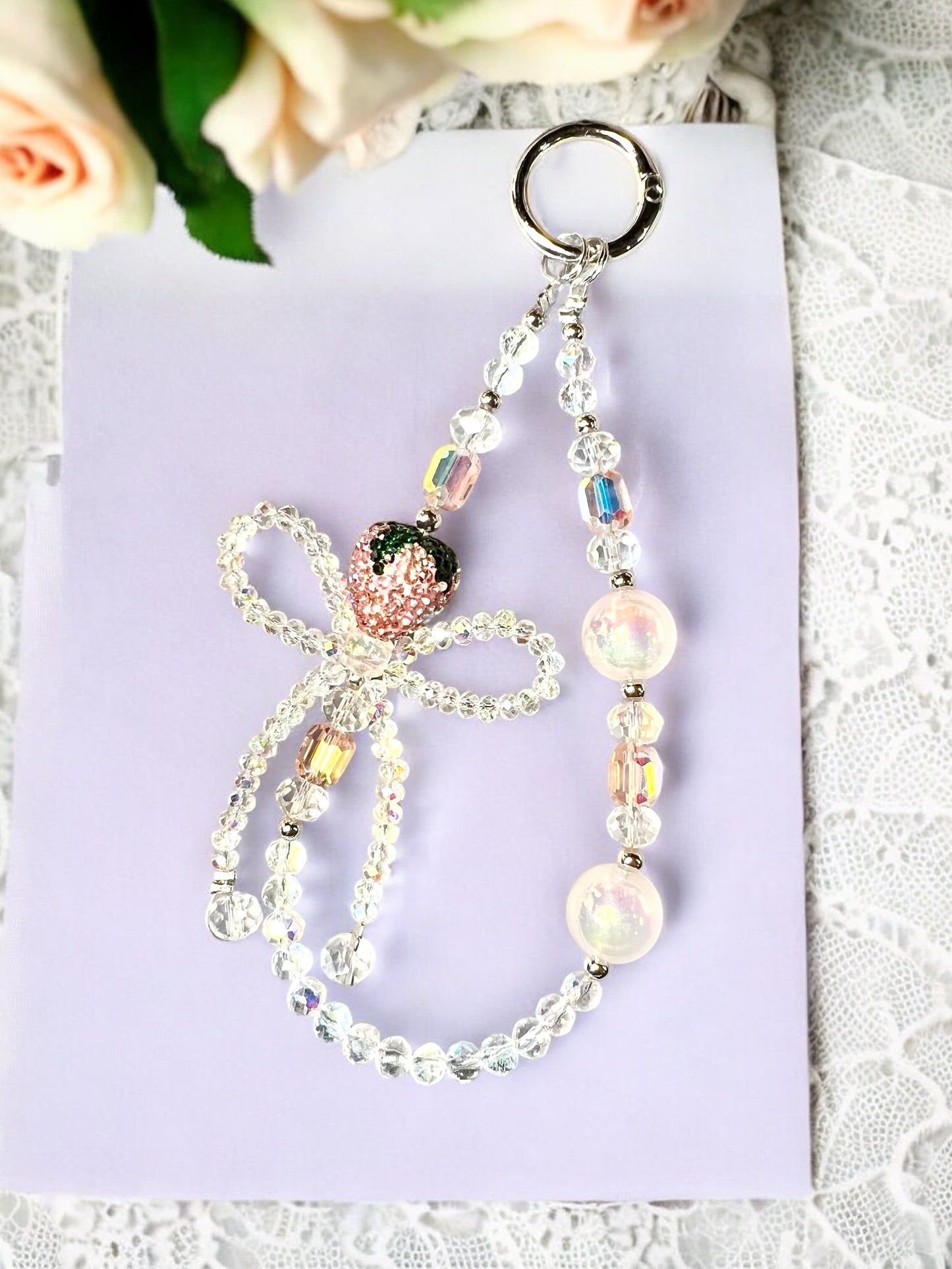 Handmade Strawberry Phone Chain-Acrylic, Metal & Glass Beads with Resin