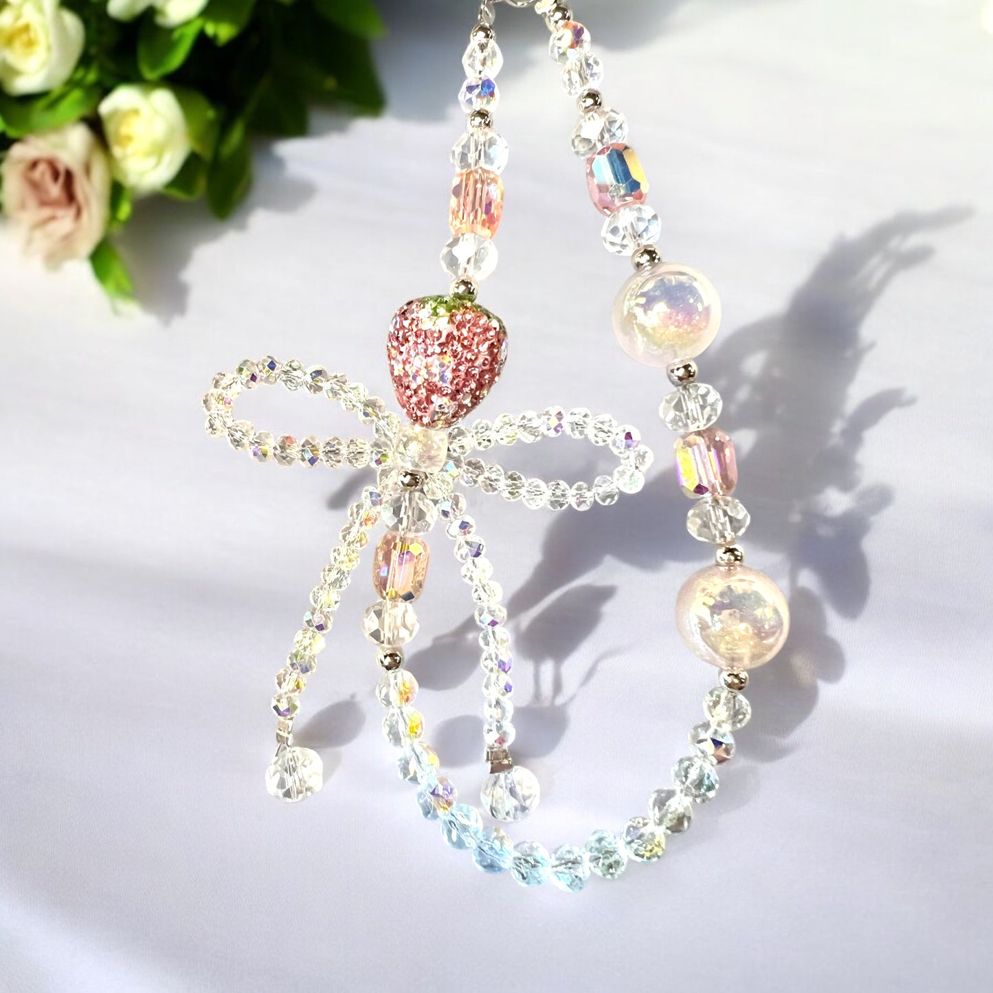 Handmade Strawberry Phone Chain-Acrylic, Metal & Glass Beads with Resin