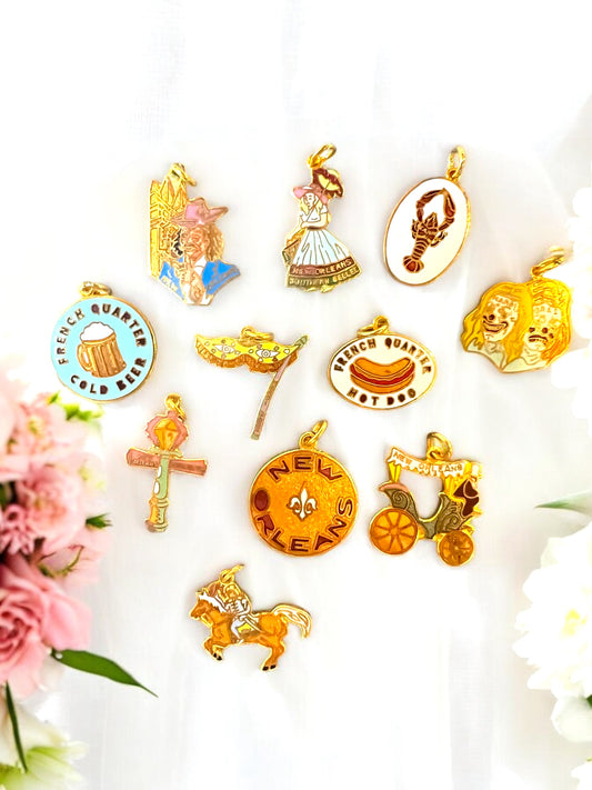 1 Set of ALL 11 Designs... VINTAGE New Orleans Charms| Collectibles| Mardi Gras Charms| Copper Charms| Painted Copper| Pendants| Earrings| Laissez Le Bon Temp Rouler